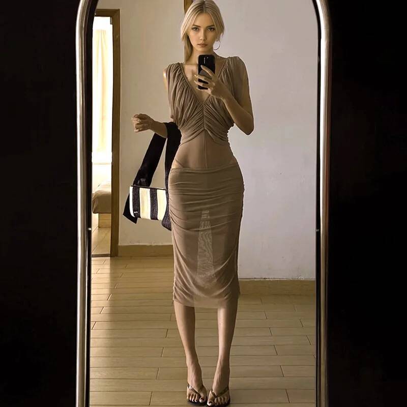 Ruched Dress Mini - Vestido de chiffon francês feminino verão