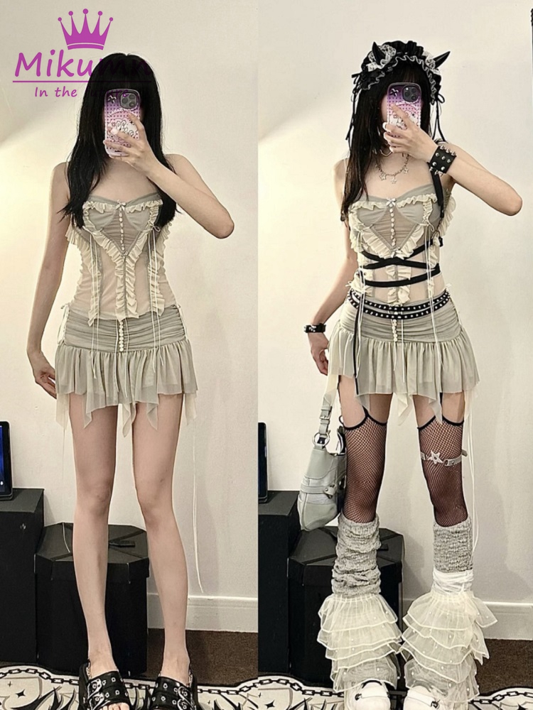 Y2k conjunto de duas peças rou - Asymmetric Top Women avaliação e preço